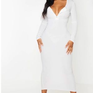 Ribbed Button Front Long Sleeve Midaxi Dress